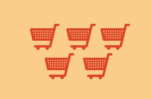 5 shopping basket icons in orange on a yellow background